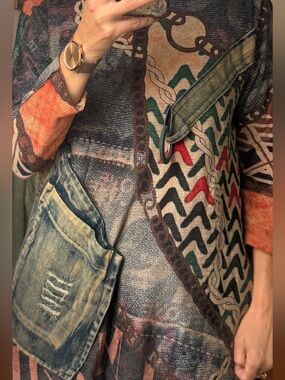 Mixed Media Denim Print Tunic Top | Asymmetrical Statement Top